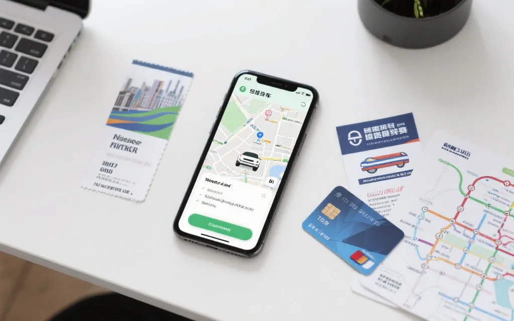 手机地图与打车界面叠加的出行规划桌面，旁边有比赛门票与城市地铁图