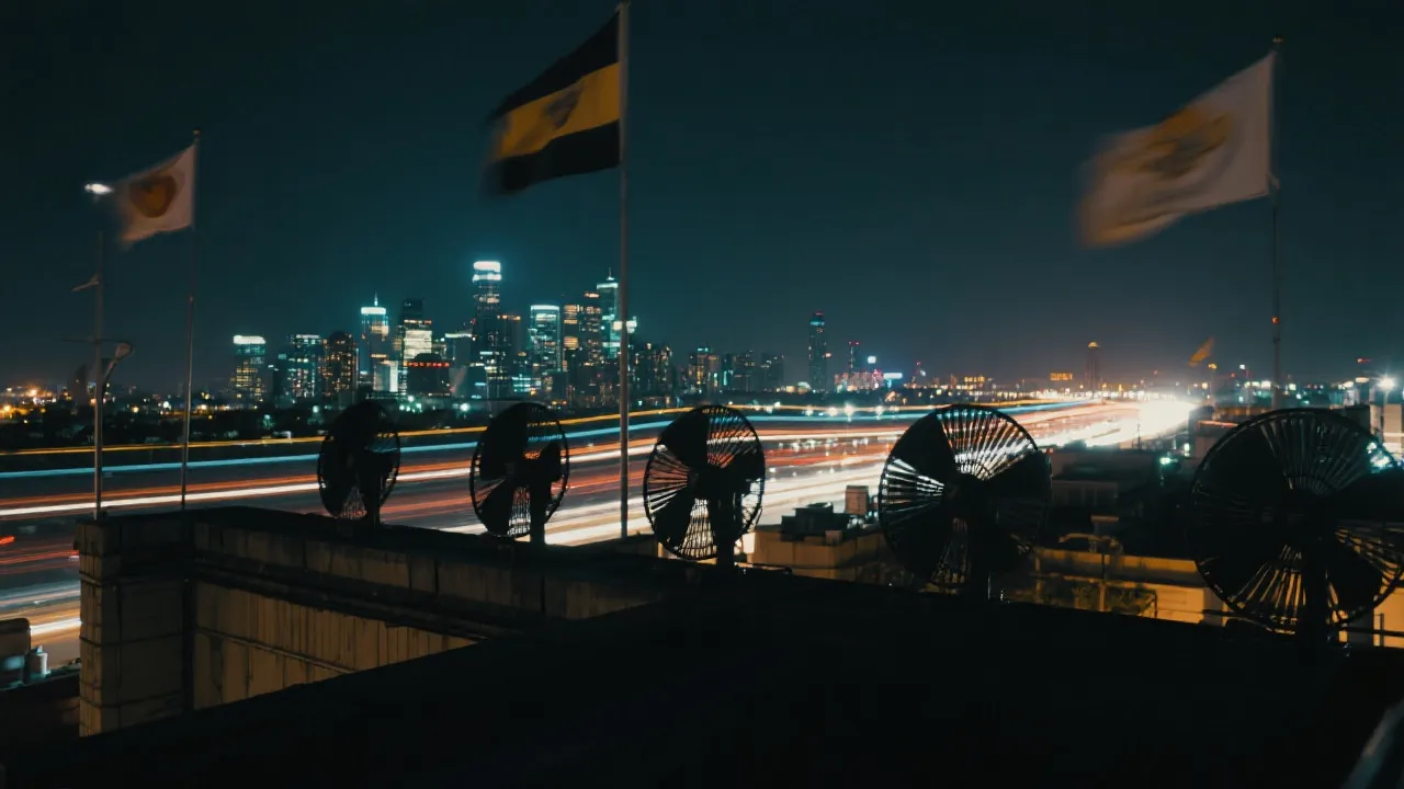 夜晚城市观景台俯瞰灯光与车流，球迷剪影与旗帜元素，电影感旅行摄影