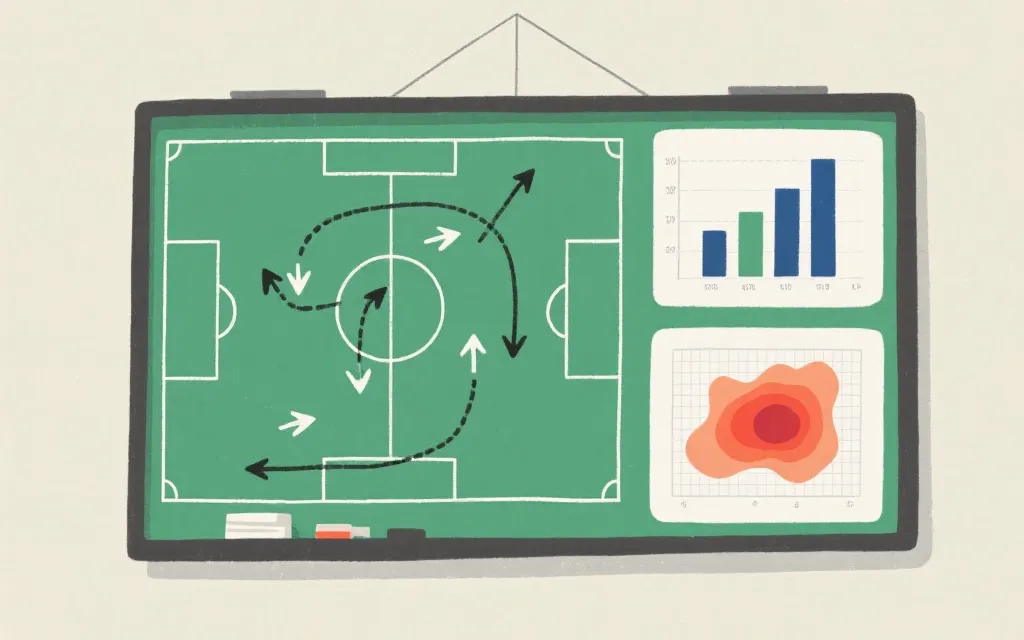 足球比赛战术板与攻防数据对比的插画风画面