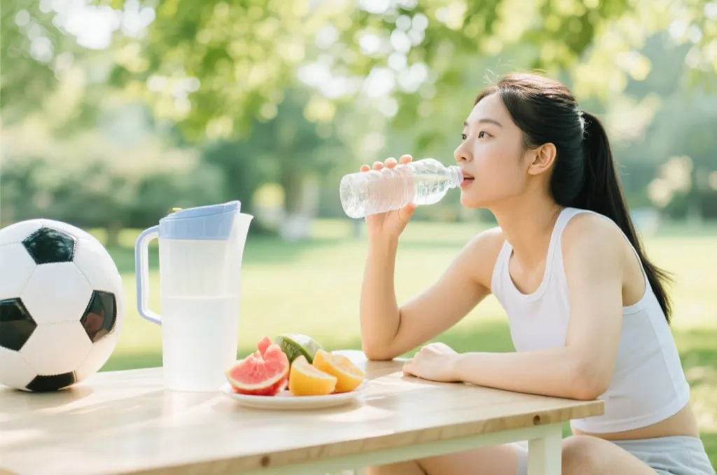 球迷在阴凉处补水休息,桌上有水壶和切块水果